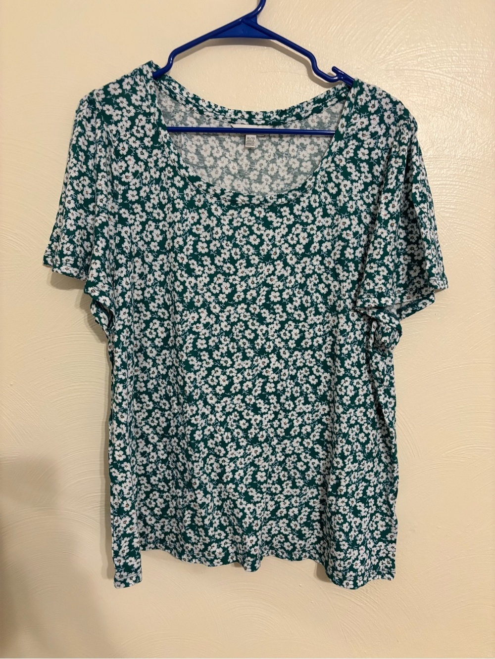 Lucky Brand Womens XL Green White Floral Flutter Sleeve Scoop Neck Top Boho